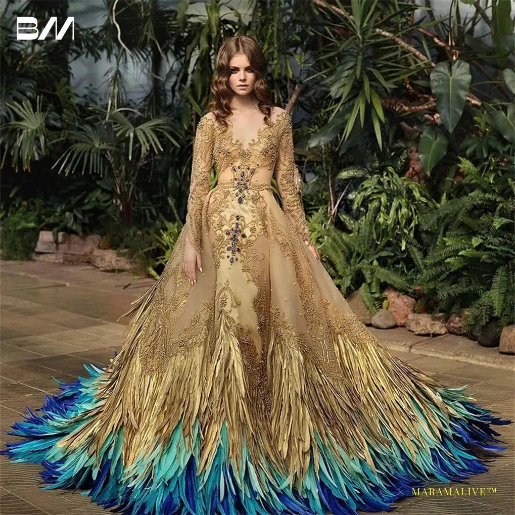 Haute Couture Golden Peacock Prom Dress with Vibrant Blue Hues and Off-the-Shoulder Long Sleeve - Opulent Evening Gown Party Dress with Custom Sizing and Feathers