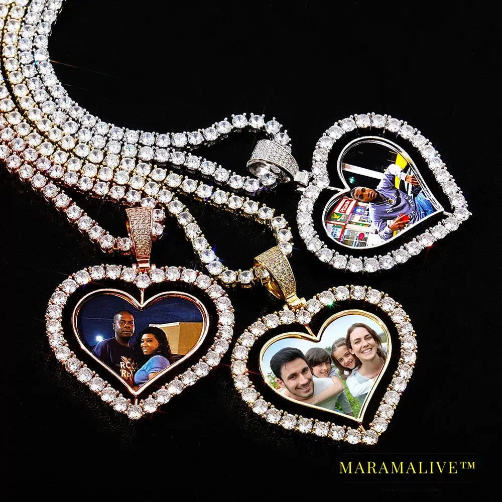 Heart Shaped Custom Photo Spin Double Sided Medallion Pendant Necklace With 4mm Tennis Chain Zircon Hip Hop Jewelry