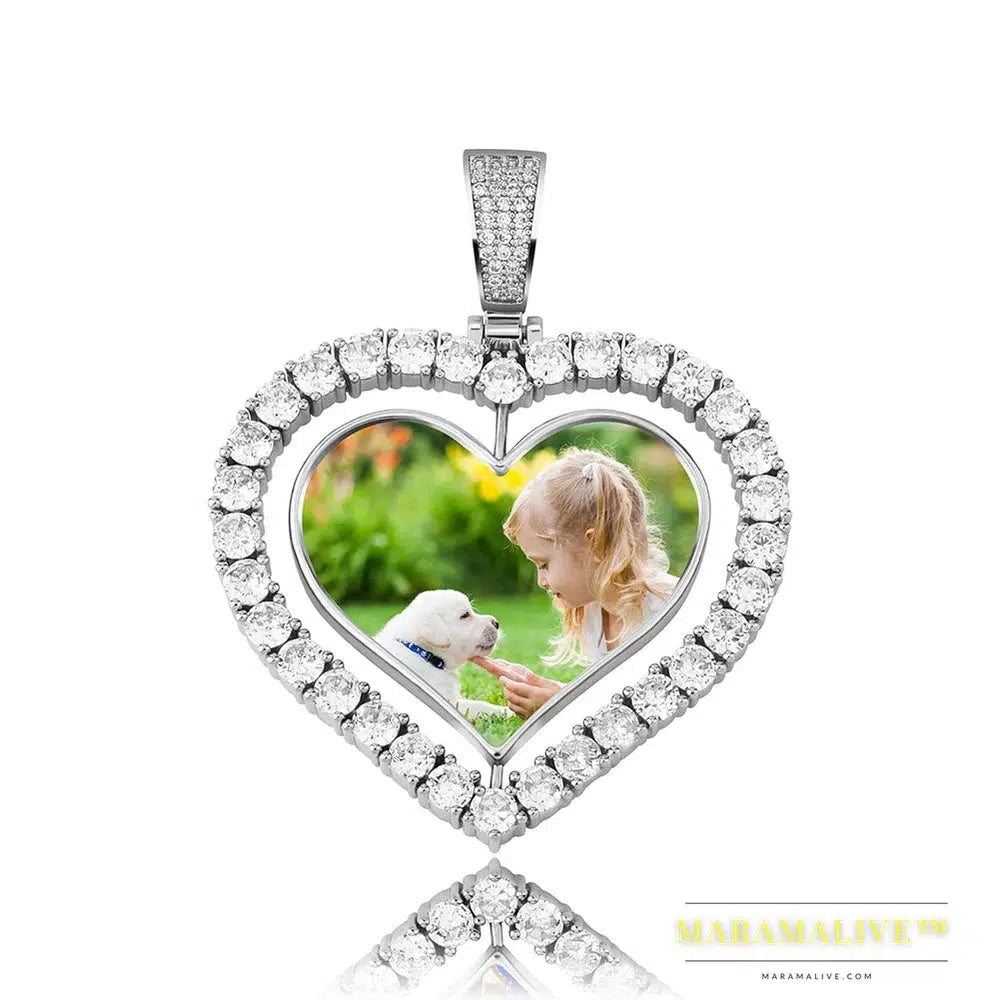 Heart Shaped Custom Photo Spin Double Sided Medallion Pendant Necklace With 4mm Tennis Chain Zircon Hip Hop Jewelry