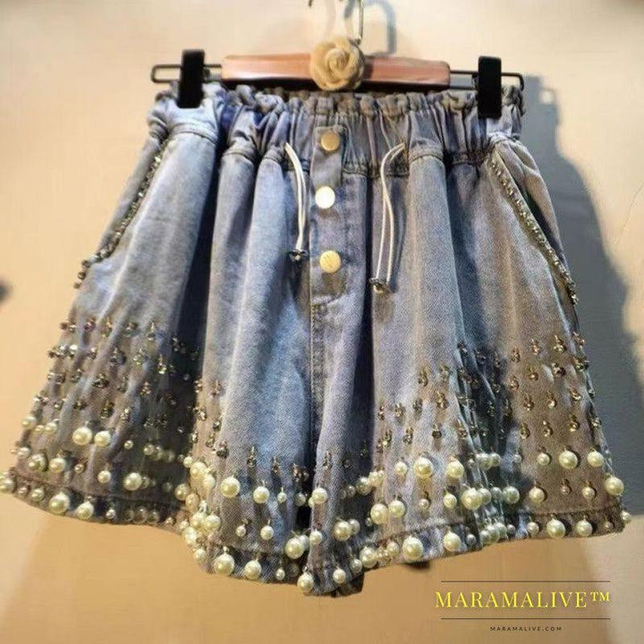 Heavy Industry Diamond-studded High-waisted Wide-leg Denim Shorts