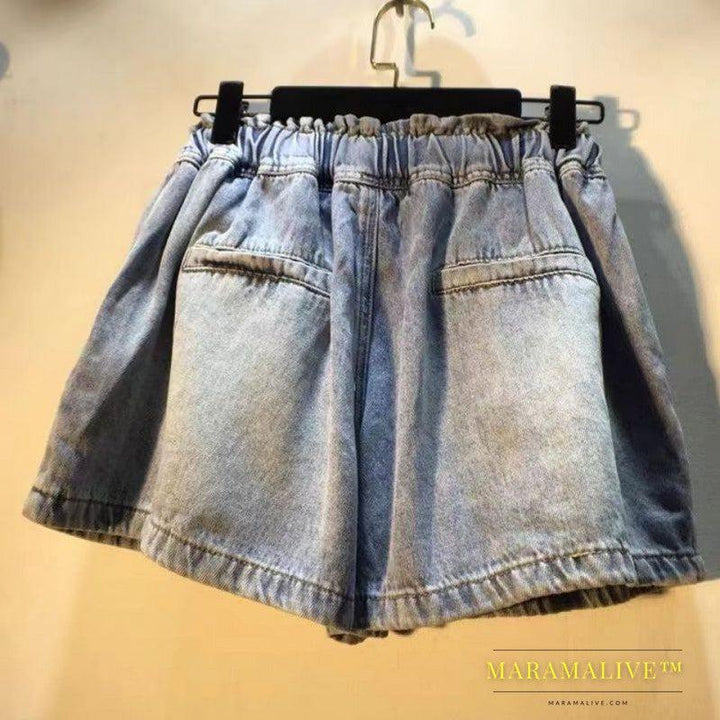 Heavy Industry Diamond-studded High-waisted Wide-leg Denim Shorts