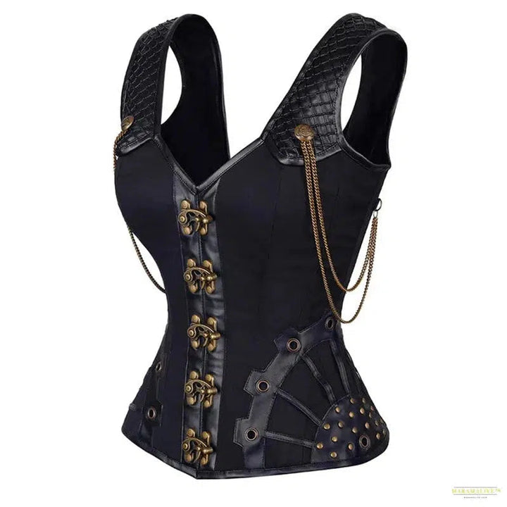 High Quality 12 Steel Bone Rivet Chain Gothic Steampunk Corset Woman's Vest Top Waist Control Leather Sexy Corsets and Bustiers