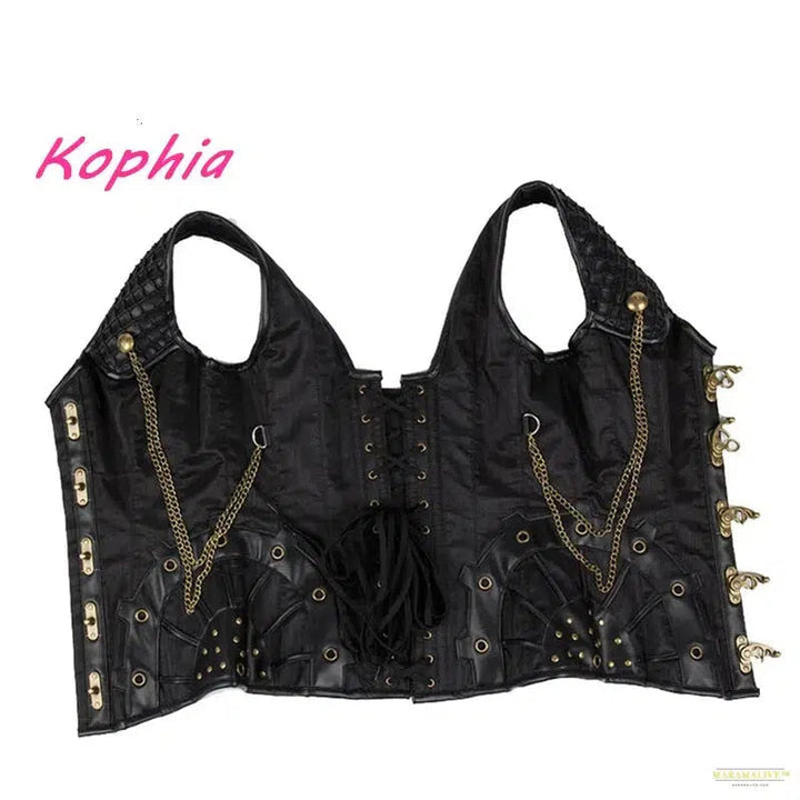 High Quality 12 Steel Bone Rivet Chain Gothic Steampunk Corset Woman's Vest Top Waist Control Leather Sexy Corsets and Bustiers