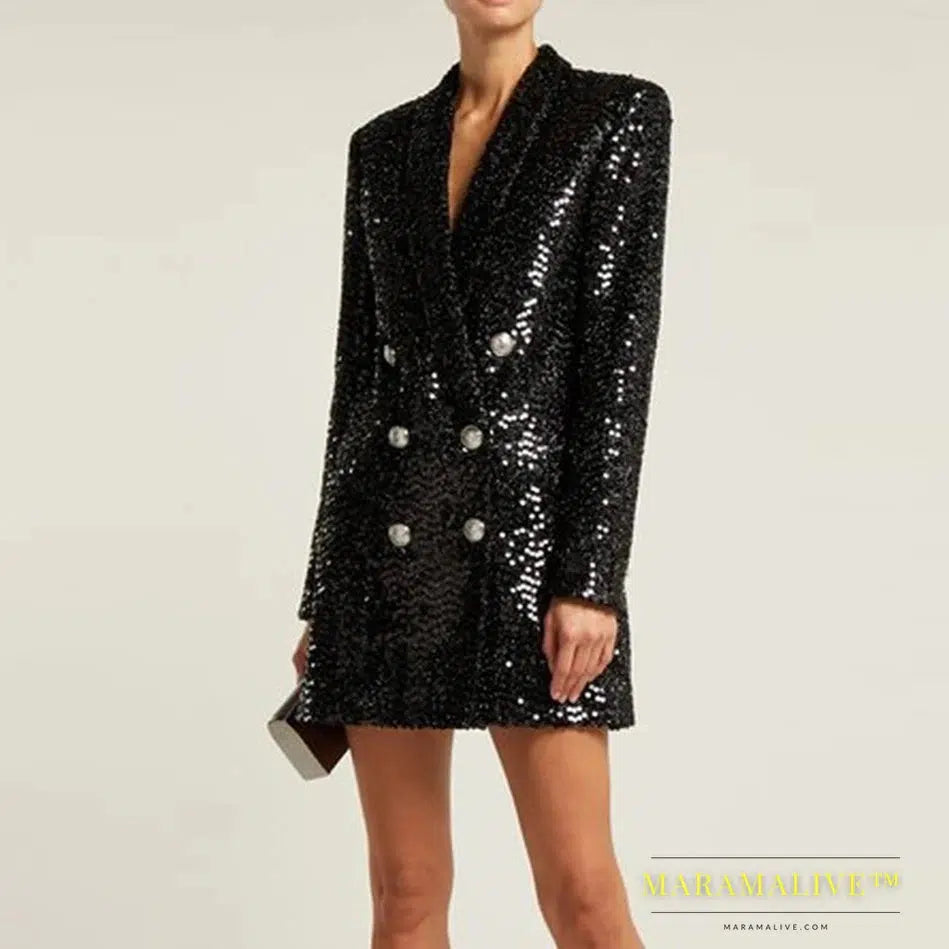 High Quality Fashion Designer Blazer Women Double Lion Buttons Shawl Collar Glitter Sequined Long Runway Black Blazers