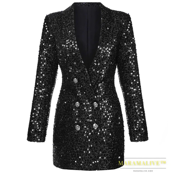 High Quality Fashion Designer Blazer Women Double Lion Buttons Shawl Collar Glitter Sequined Long Runway Black Blazers