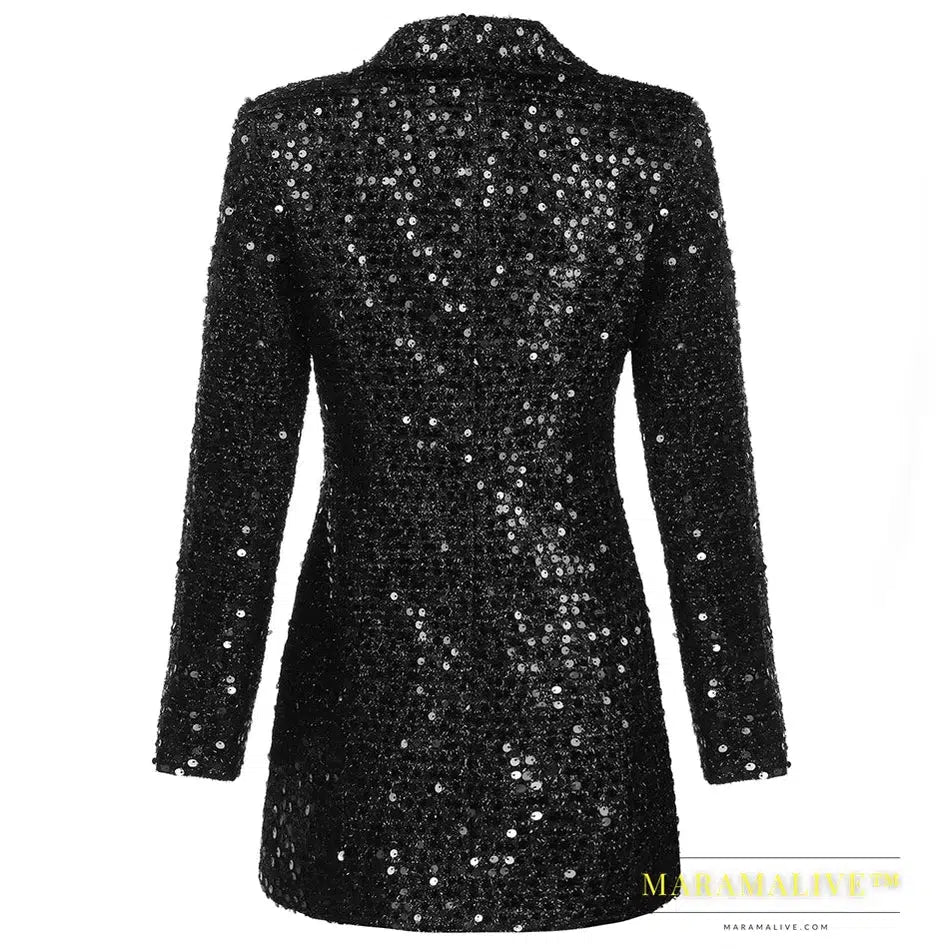 High Quality Fashion Designer Blazer Women Double Lion Buttons Shawl Collar Glitter Sequined Long Runway Black Blazers