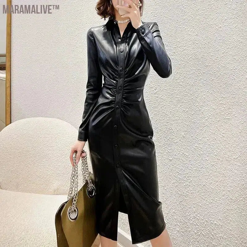 High Quality Plus Size 2024 Fall Winter New Fashion Women Flocking Long Sleeve Button Folds Pu Faux Leather Slim Black Dress