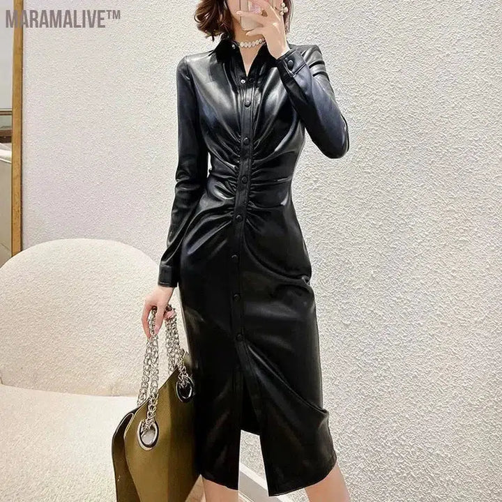 High Quality Plus Size 2024 Fall Winter New Fashion Women Flocking Long Sleeve Button Folds Pu Faux Leather Slim Black Dress