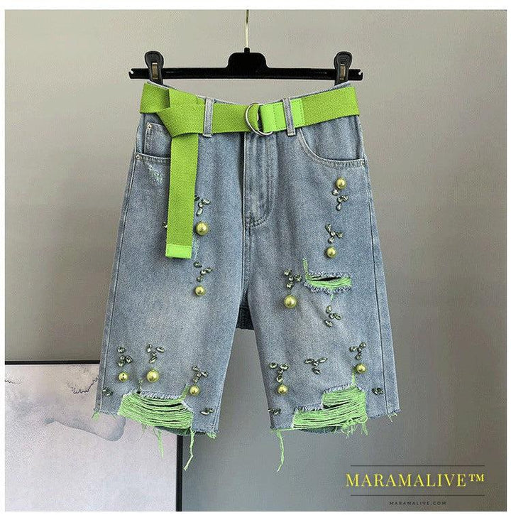 High Waisted Loose Fitting Slim Studded Denim Shorts