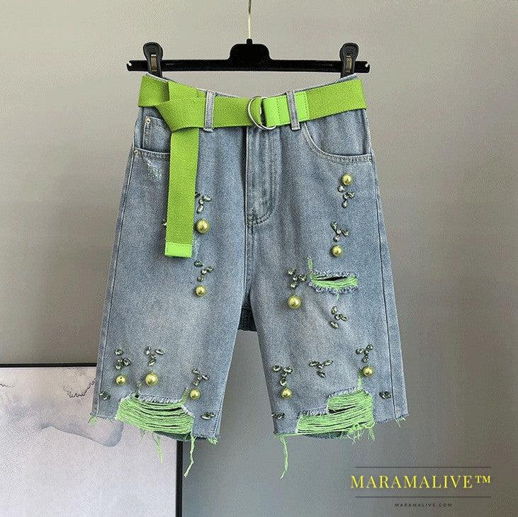 High Waisted Loose Fitting Slim Studded Denim Shorts