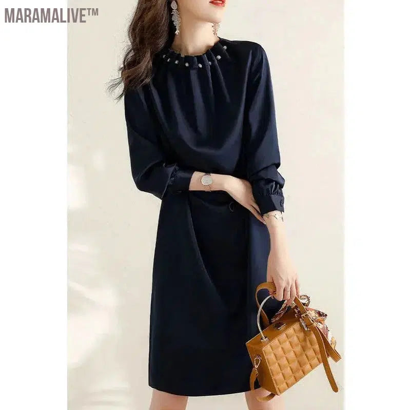 High-end Mid Length Long Sleeved Dress for Women's Spring Autumn New Loose Slimming Age Reducing Temperament Elegant Long Skirt