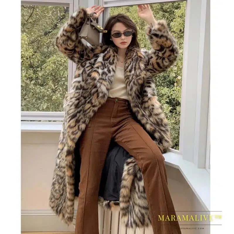 High quality Winter Animal Leopard Faux Fur Extra Long Coat Full Sleeve Loose Warm Shaggy Jacket Loose Outerwear