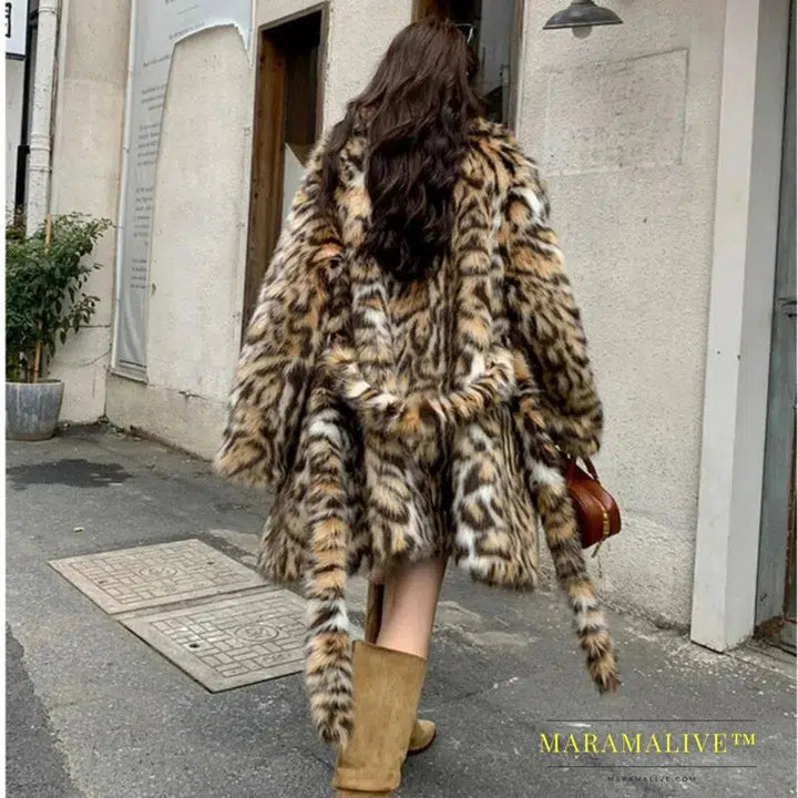 High quality Winter Animal Leopard Faux Fur Extra Long Coat Full Sleeve Loose Warm Shaggy Jacket Loose Outerwear