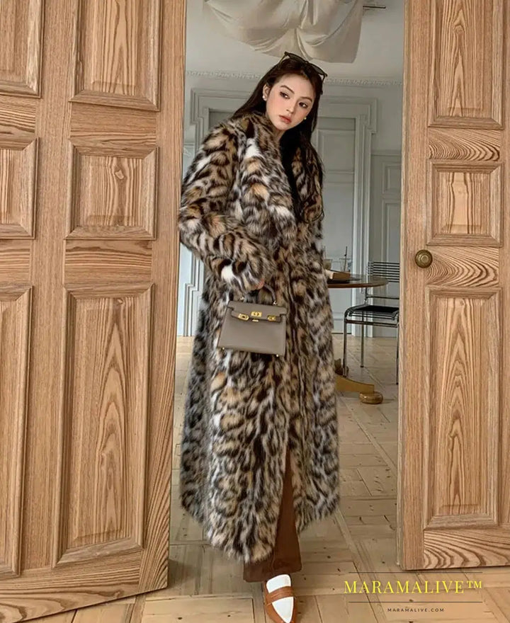 High quality Winter Animal Leopard Faux Fur Extra Long Coat Full Sleeve Loose Warm Shaggy Jacket Loose Outerwear