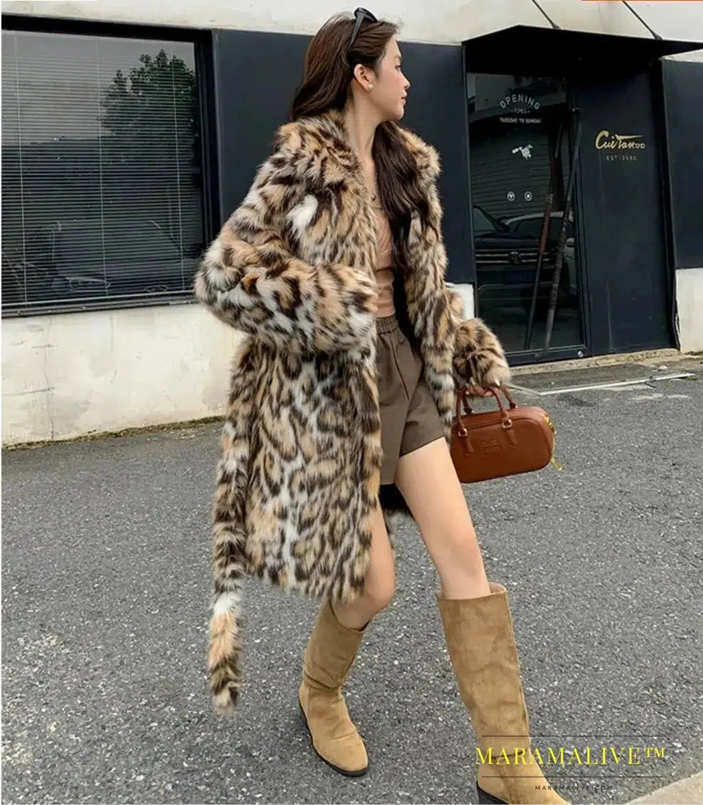 High quality Winter Animal Leopard Faux Fur Extra Long Coat Full Sleeve Loose Warm Shaggy Jacket Loose Outerwear