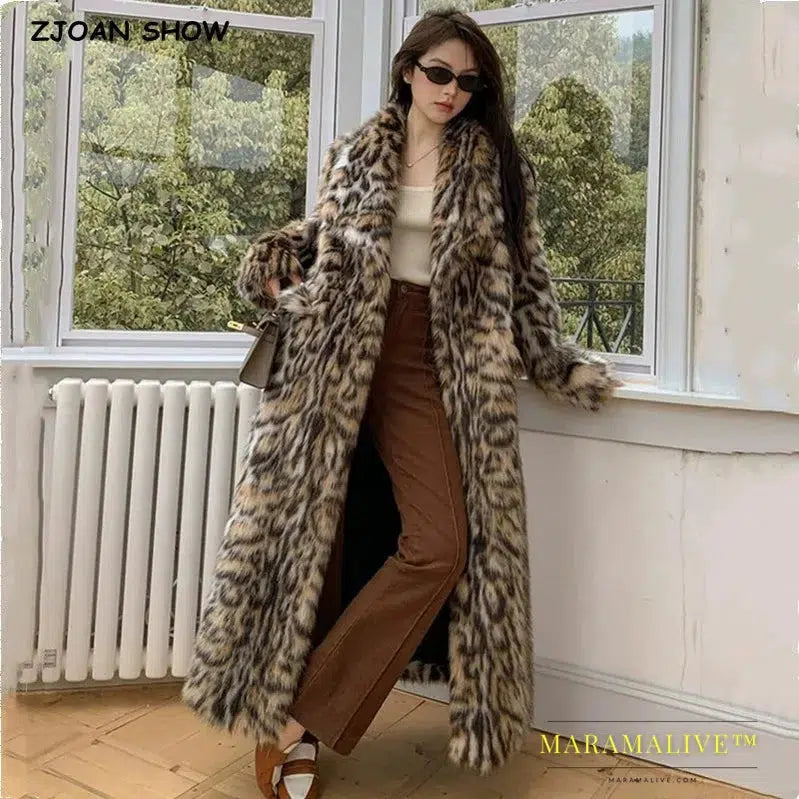 High quality Winter Animal Leopard Faux Fur Extra Long Coat Full Sleeve Loose Warm Shaggy Jacket Loose Outerwear