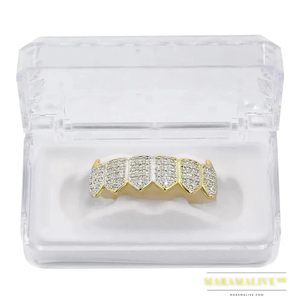 Hip Hop Iced Out AAA Zircon Fang Mouth Teeth Grillz Caps Top & Bottom Grill Set Men Women Vampire Grills