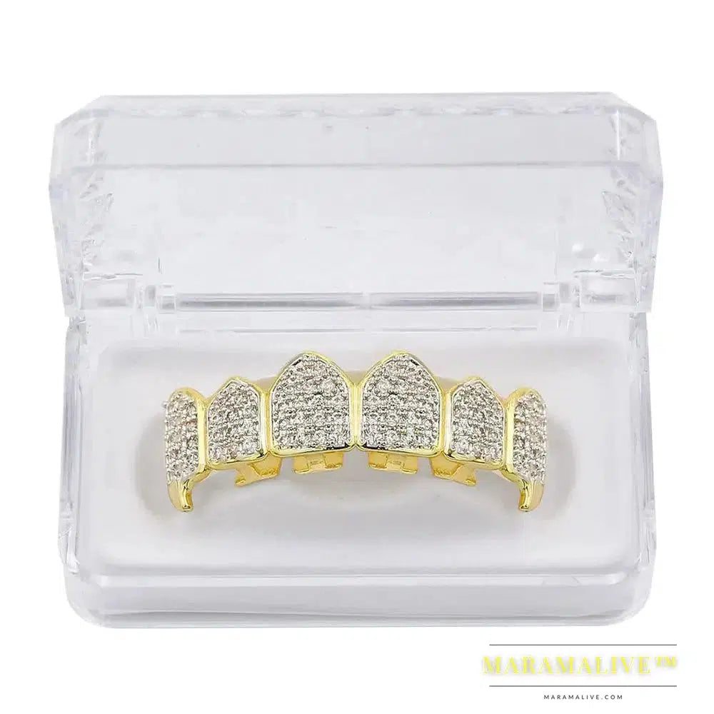 Hip Hop Iced Out AAA Zircon Fang Mouth Teeth Grillz Caps Top & Bottom Grill Set Men Women Vampire Grills