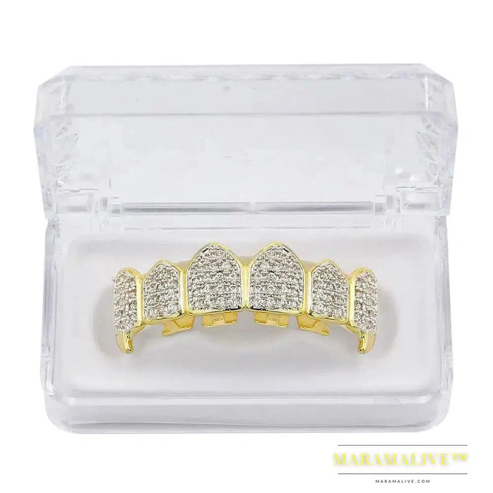 Hip Hop Iced Out AAA Zircon Fang Mouth Teeth Grillz Caps Top & Bottom Grill Set Men Women Vampire Grills