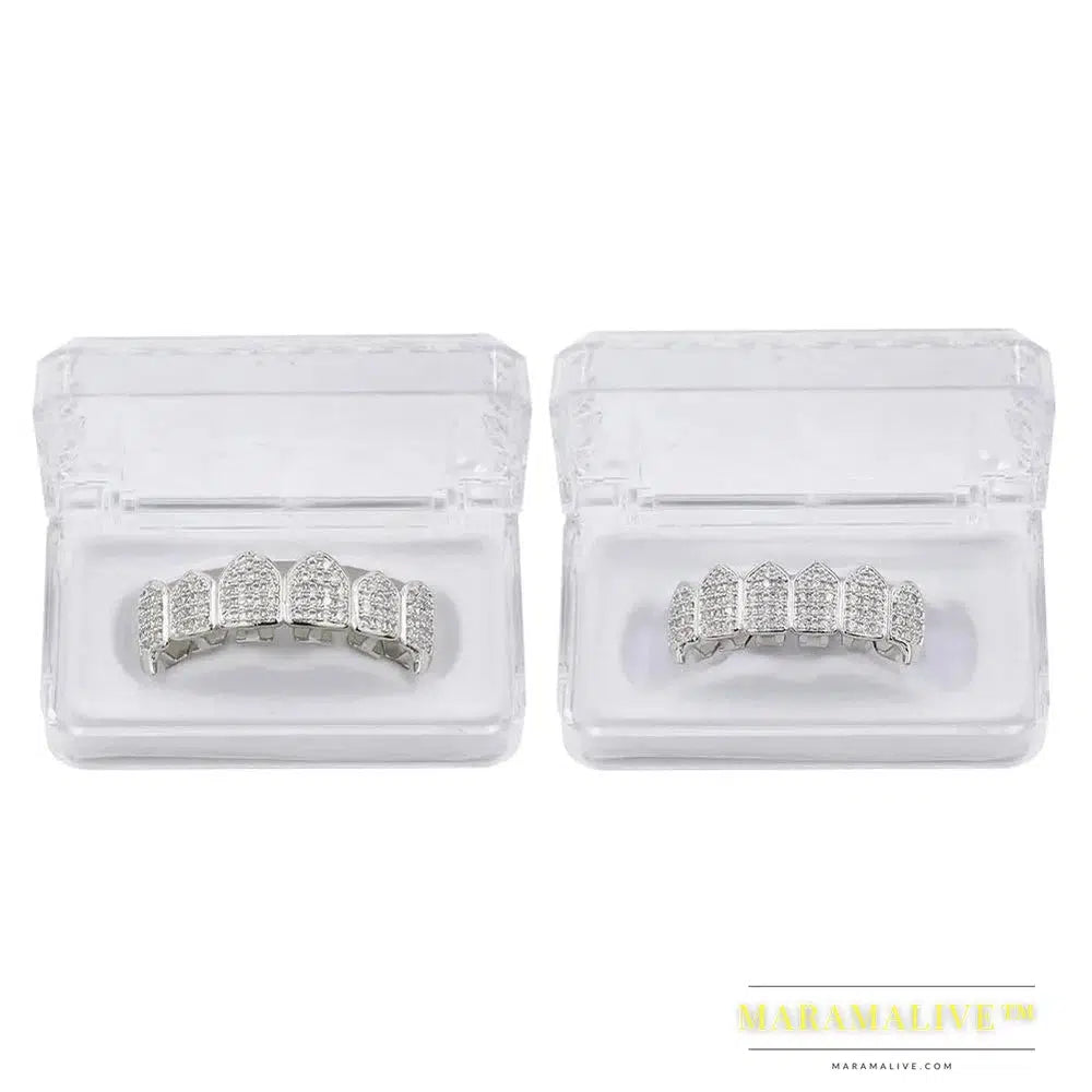 Hip Hop Iced Out AAA Zircon Fang Mouth Teeth Grillz Caps Top & Bottom Grill Set Men Women Vampire Grills