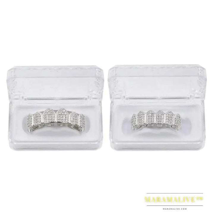 Hip Hop Iced Out AAA Zircon Fang Mouth Teeth Grillz Caps Top & Bottom Grill Set Men Women Vampire Grills