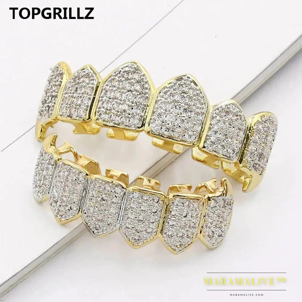 Hip Hop Iced Out AAA Zircon Fang Mouth Teeth Grillz Caps Top & Bottom Grill Set Men Women Vampire Grills