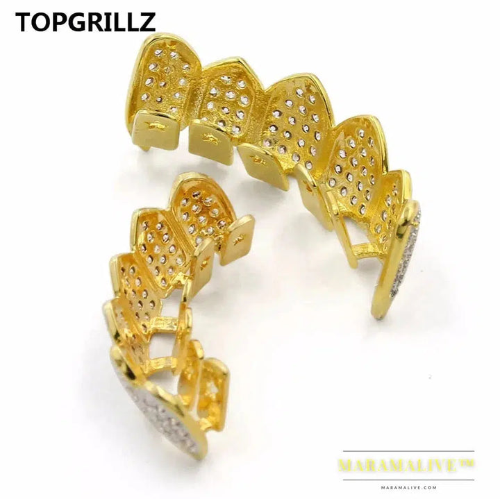 Hip Hop Iced Out AAA Zircon Fang Mouth Teeth Grillz Caps Top & Bottom Grill Set Men Women Vampire Grills