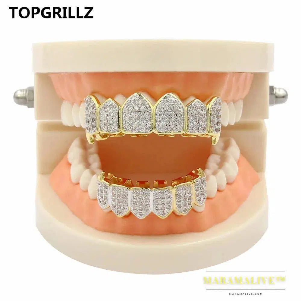 Hip Hop Iced Out AAA Zircon Fang Mouth Teeth Grillz Caps Top & Bottom Grill Set Men Women Vampire Grills