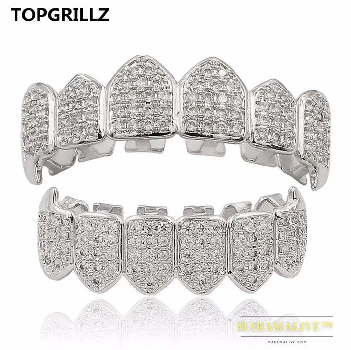 Hip Hop Iced Out AAA Zircon Fang Mouth Teeth Grillz Caps Top & Bottom Grill Set Men Women Vampire Grills