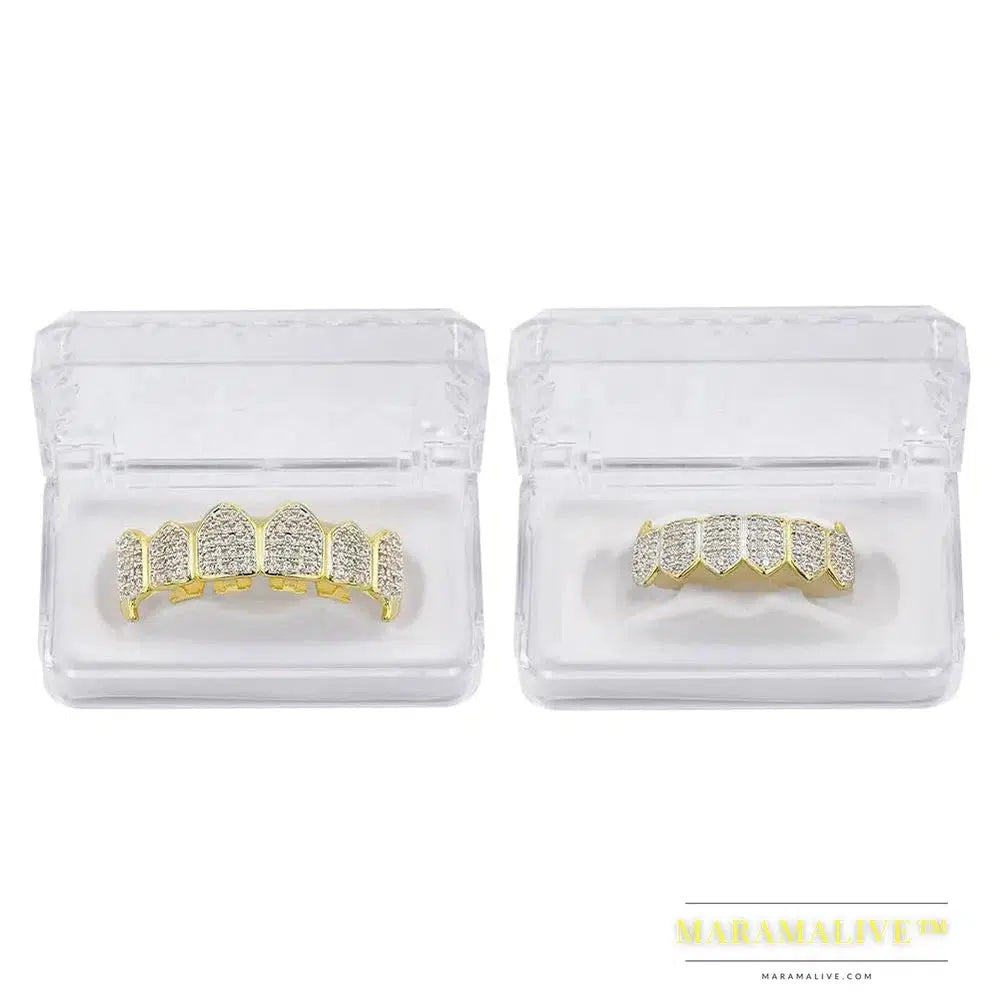 Hip Hop Iced Out AAA Zircon Fang Mouth Teeth Grillz Caps Top & Bottom Grill Set Men Women Vampire Grills