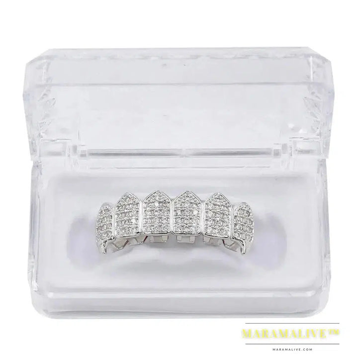 Hip Hop Iced Out AAA Zircon Fang Mouth Teeth Grillz Caps Top & Bottom Grill Set Men Women Vampire Grills