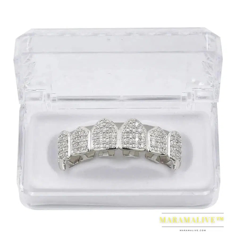 Hip Hop Iced Out AAA Zircon Fang Mouth Teeth Grillz Caps Top & Bottom Grill Set Men Women Vampire Grills