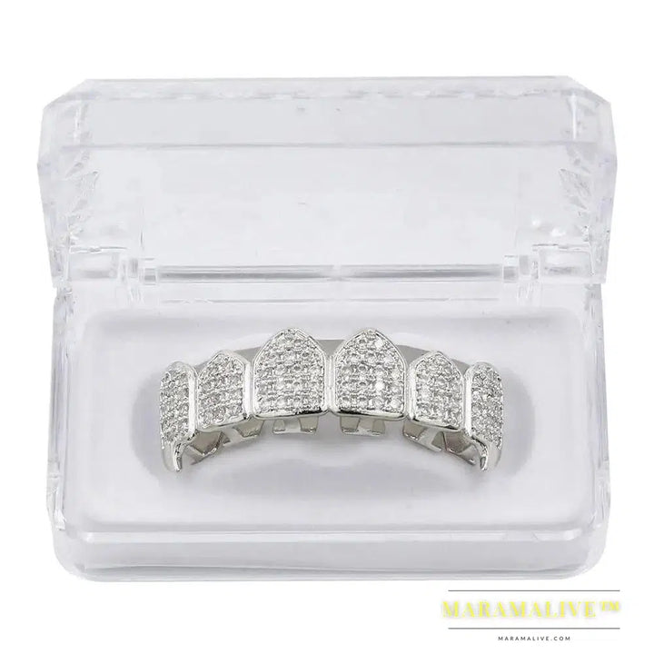 Hip Hop Iced Out AAA Zircon Fang Mouth Teeth Grillz Caps Top & Bottom Grill Set Men Women Vampire Grills