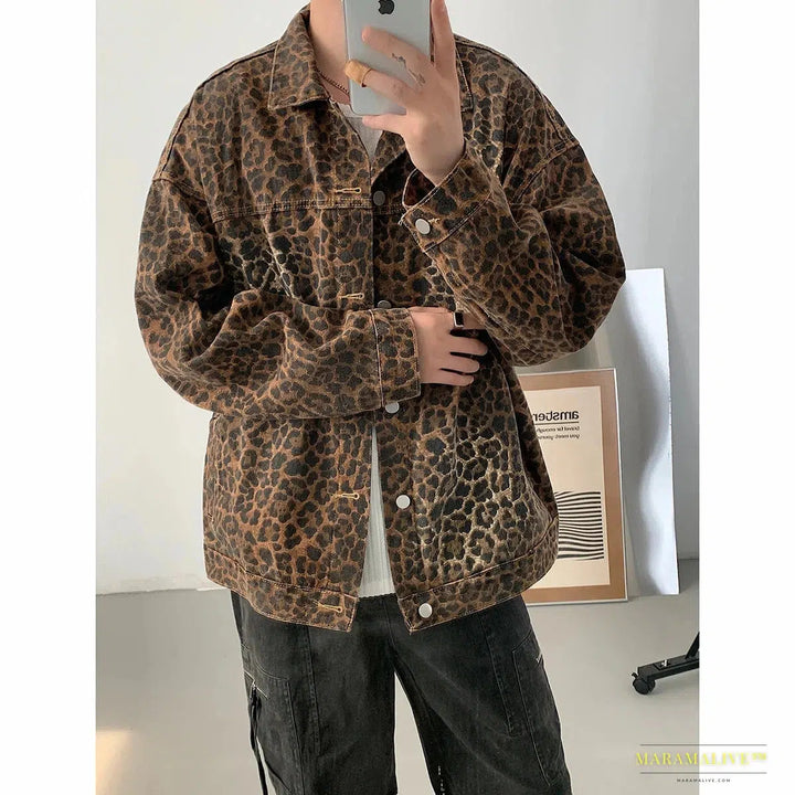 Hip Hop Men's Vintage Leopard Print Denim Jacket - 2024 Autumn Fashion Lapel Collar Zipper Coat - Clubwear Streetwear Holiday Jackets