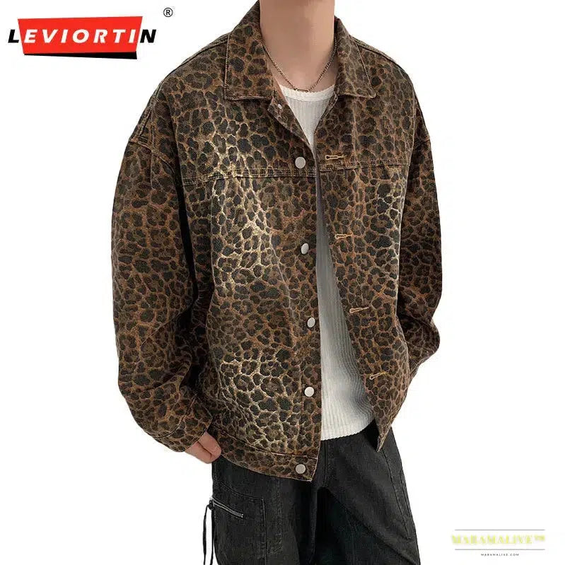 Hip Hop Men's Vintage Leopard Print Denim Jacket - 2024 Autumn Fashion Lapel Collar Zipper Coat - Clubwear Streetwear Holiday Jackets