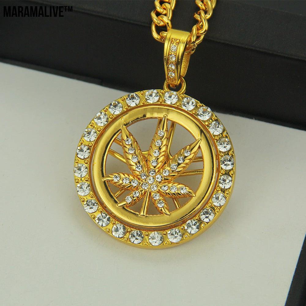 Hip Hop Necklace Pendant - Diamond Maple Leaf Turntable