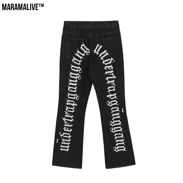 Hip-Hop Trousers with Ripped Denim & Lettering Embroidery