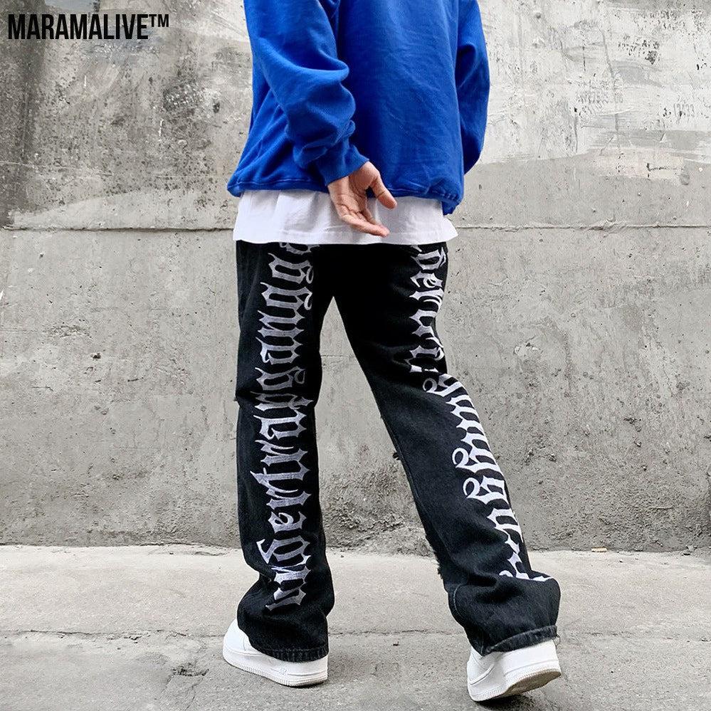 Hip-Hop Trousers with Ripped Denim & Lettering Embroidery