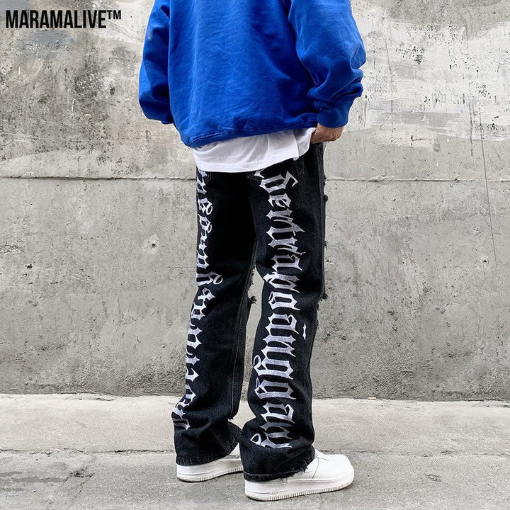 Hip Hop Vibe Back Gothic Alphabet Embroidery Ripped Micro Flared Denim Pants