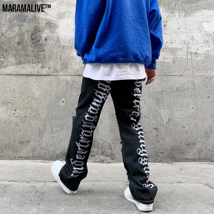 Hip Hop Vibe Back Gothic Alphabet Embroidery Ripped Micro Flared Denim Pants