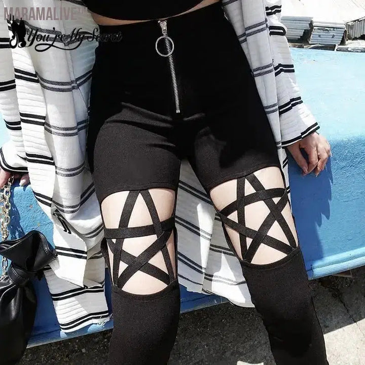 Hollow Out Pants Goth Sexy Pentagram Y2K Harajuku Grunge Black High Waist Elastic Trousers Punk Zipper Pants