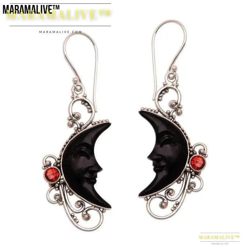 Hollowed Fashion Carved Gem Black Moon Earrings