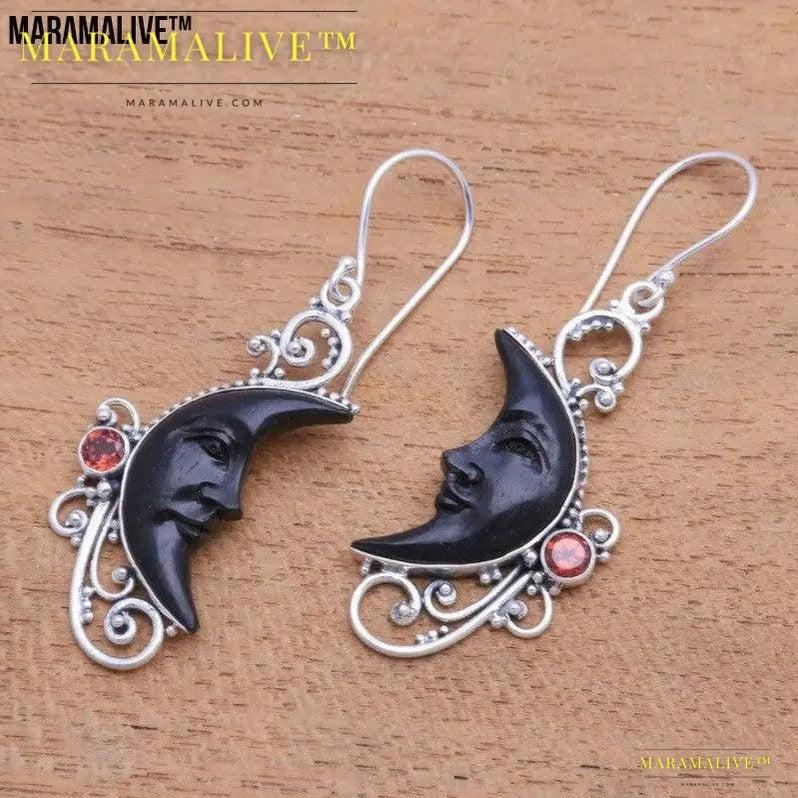 Hollowed Fashion Carved Gem Black Moon Earrings