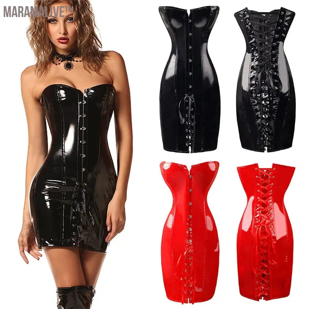 Hot Black/Red Long PVC Leather Corset Dress Sexy Women Gothic Waist Trainer Body Slim Club Vinyl Latex Mini Dress S-2XL