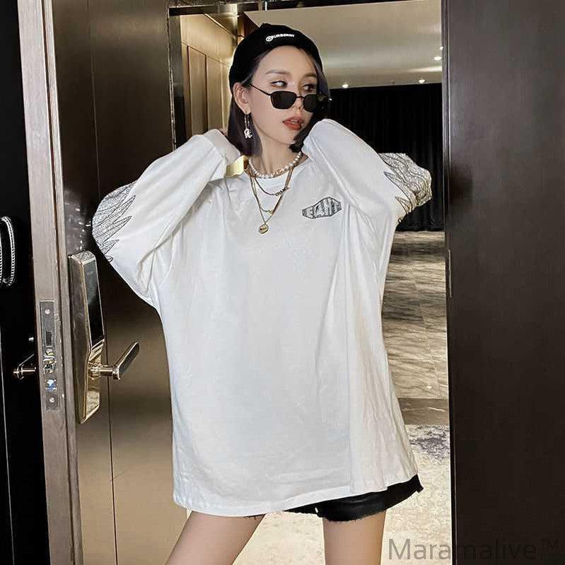 Hot Diamond Mid-Length T-Shirt Women Long Sleeves