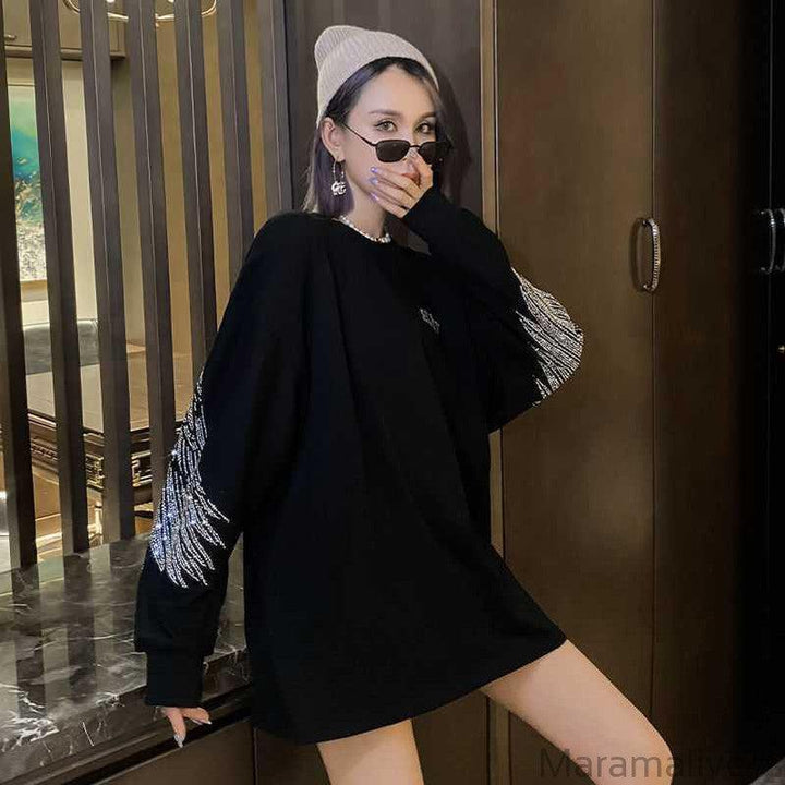 Hot Diamond Mid-Length T-Shirt Women Long Sleeves