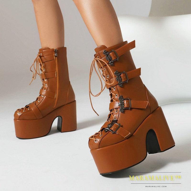 Hot Girl Punk Platform Boots Women's Round Head Gothic Muffin Bottom Tall Knight Boots