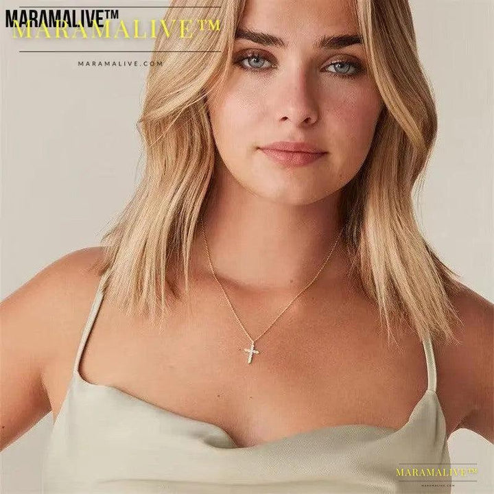 Hot New 925 Sterling Silver Necklace Cross Full Diamond Women's Collarbone Chain Wrapped Gold 14k Gold Pendant