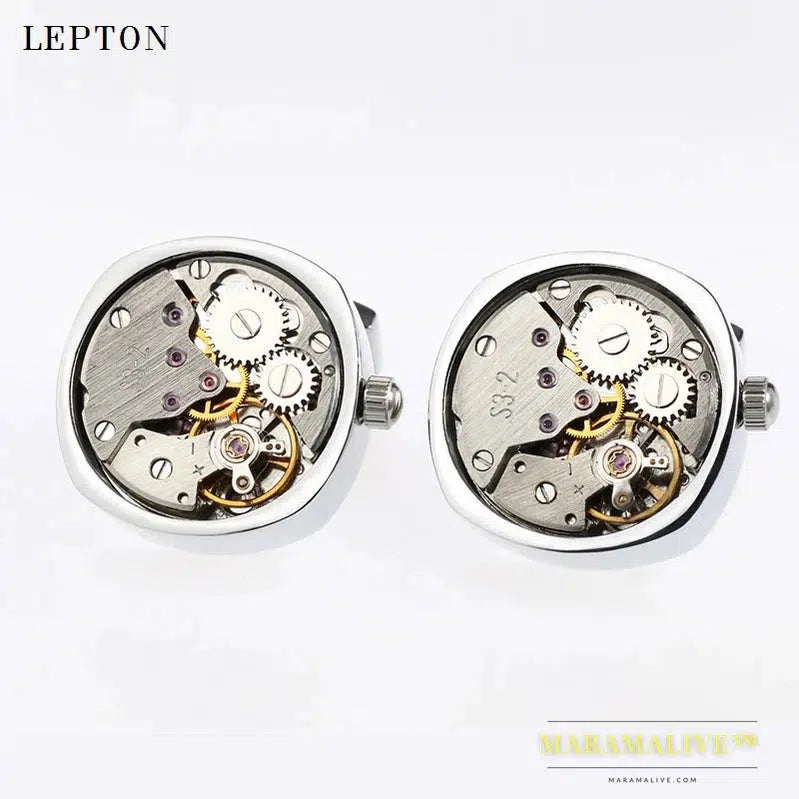 Hot Watch Movement Cufflinks of immovable Lepton Stainless Steel Can't Move Steampunk Gear Watch Mechanism Cufflinks for Mens