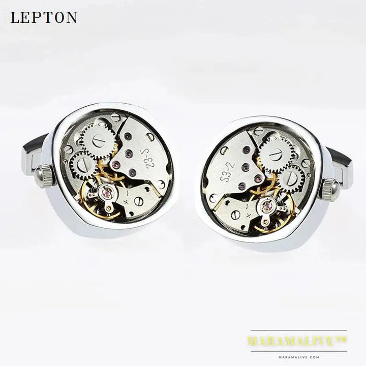 Hot Watch Movement Cufflinks of immovable Lepton Stainless Steel Can't Move Steampunk Gear Watch Mechanism Cufflinks for Mens